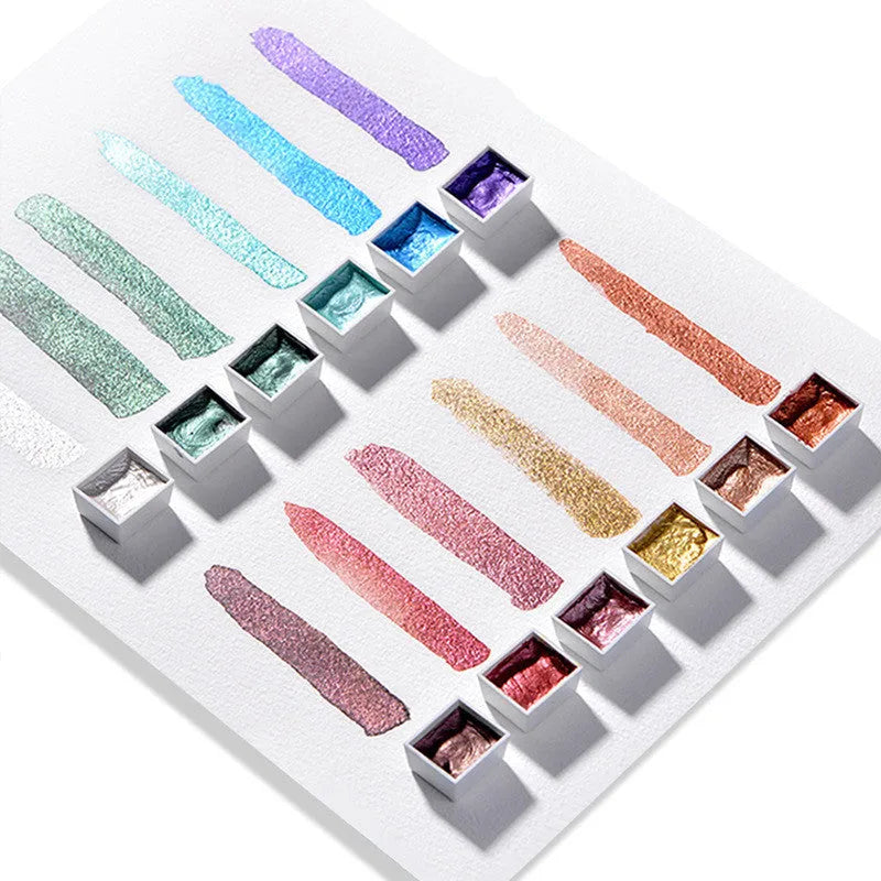 Pearlescent solid watercolour pigment blocks in box, 17mm × 20mm × 10mm size for painting