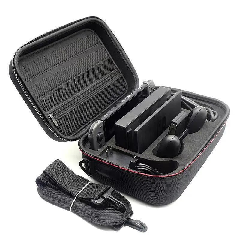Black EVA game console accessory storage bag with offset printed design, shown with controllers inside.