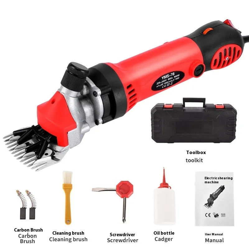 Yellow 110V electric wool shears with 13-tooth straight blade and maintenance accessories including multiple blade pairs