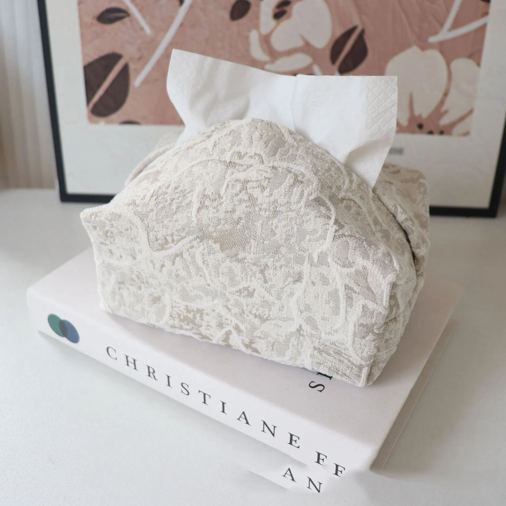 Chinese style pastoral rose cotton tissue box cover in beige, shown on a coffee table.
