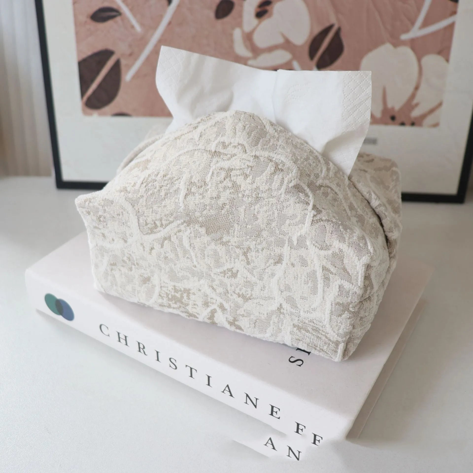 Chinese style pastoral rose cotton tissue box cover in beige, shown on a coffee table.