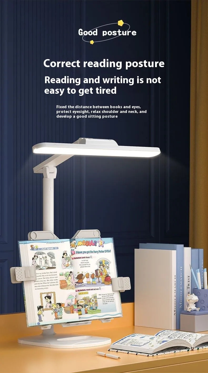 Adjustable desk lamp with a small attached shelf, showing three light temperature settings and a rechargeable battery.