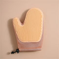 A dark blue pet hair removal glove with mesh fabric and TPR grips for grooming cats and dogs.