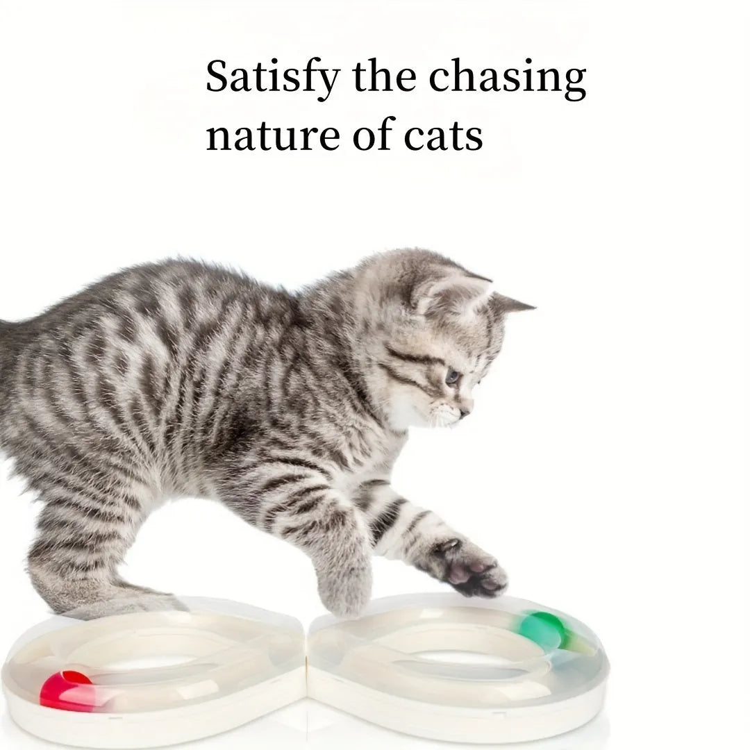 Blue and white cat turntable track ball toy with built-in teaser stick measuring 50 cm