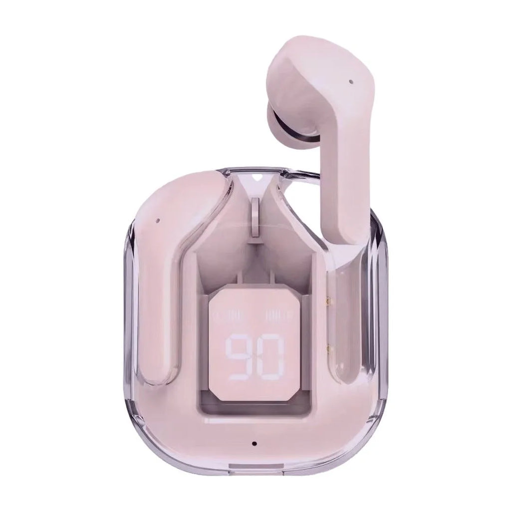 Space capsule transparent case Bluetooth earphones with digital display screen in five colour options