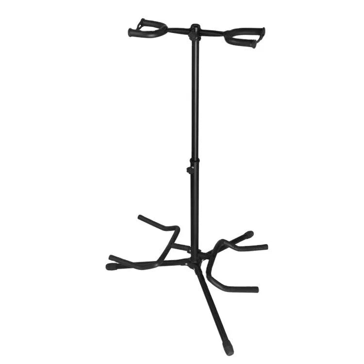 Black vertical double-headed adjustable guitar stand holding two guitars upright