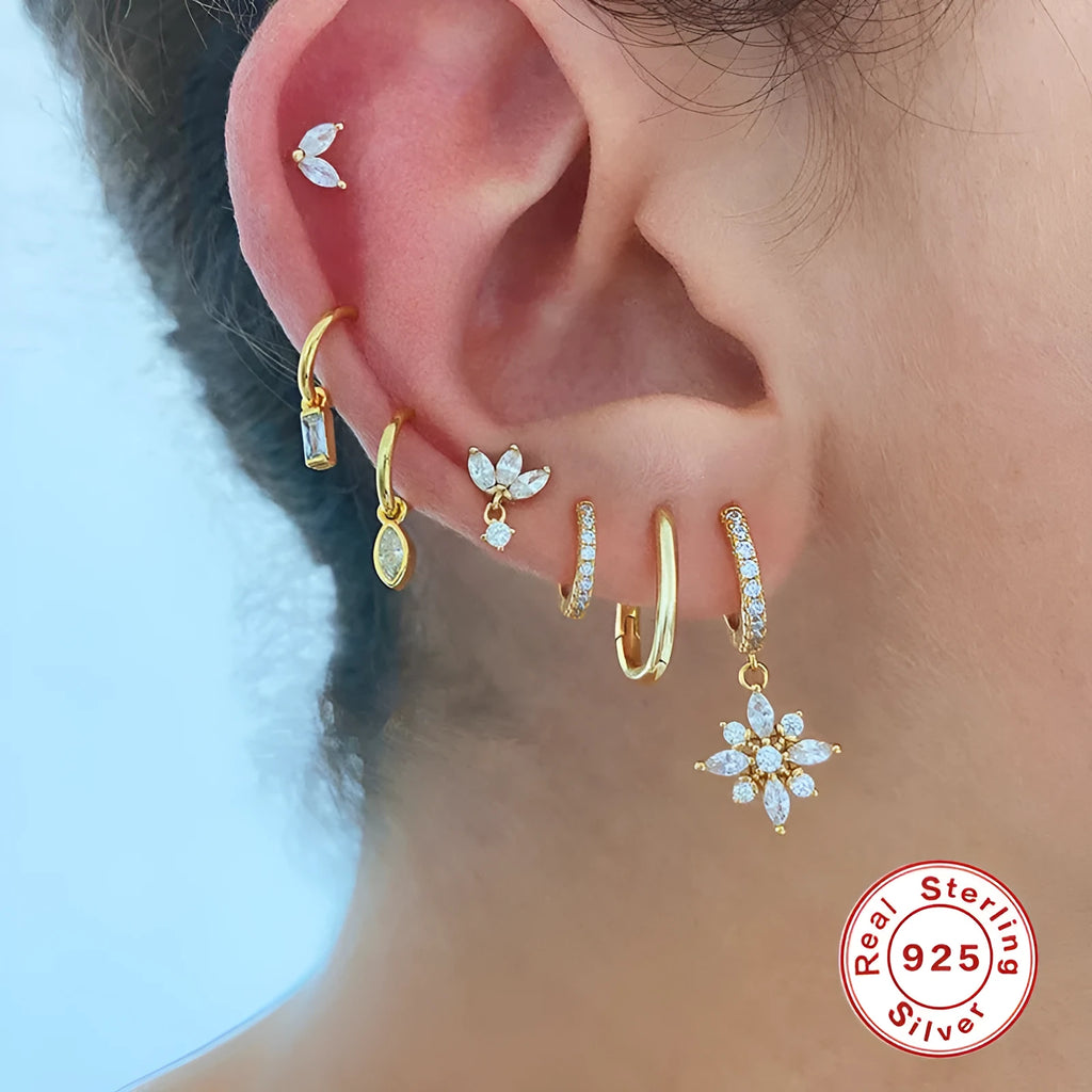Sterling silver snowflake pendant earrings with geometric design in yellow gold or white gold colour