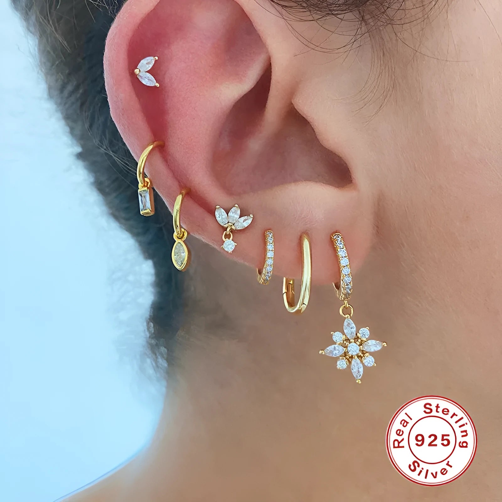 Sterling silver snowflake pendant earrings with geometric design in yellow gold or white gold colour