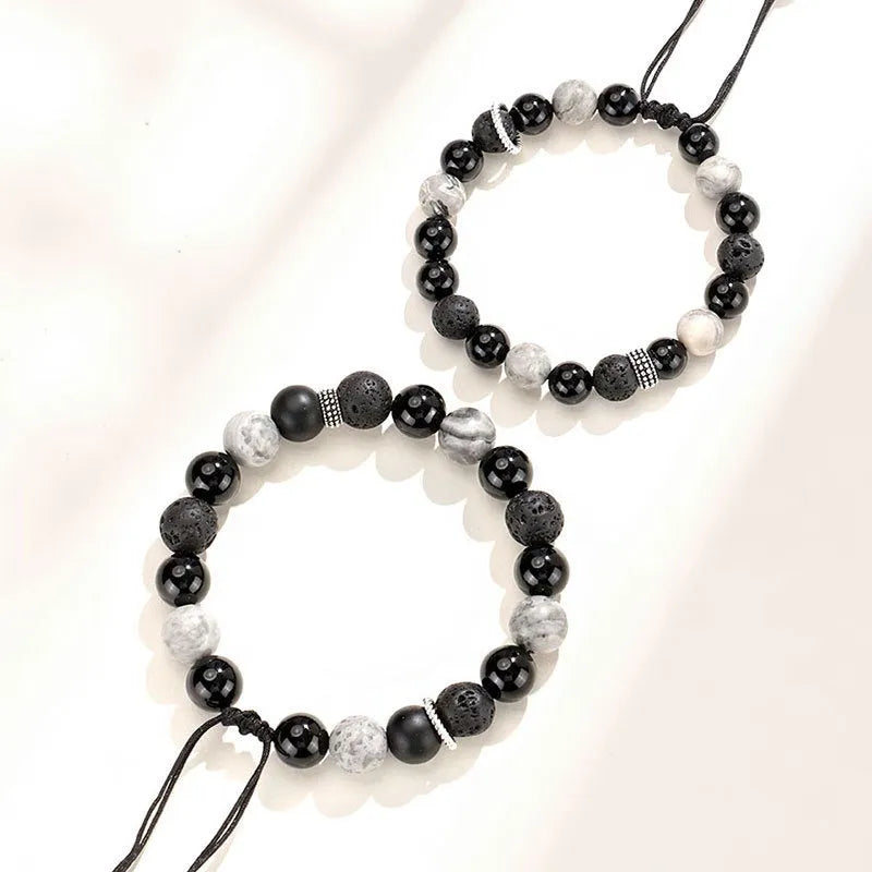 Black agate map stone and volcanic rock bracelet with diamond-shaped beads in new Chinese style