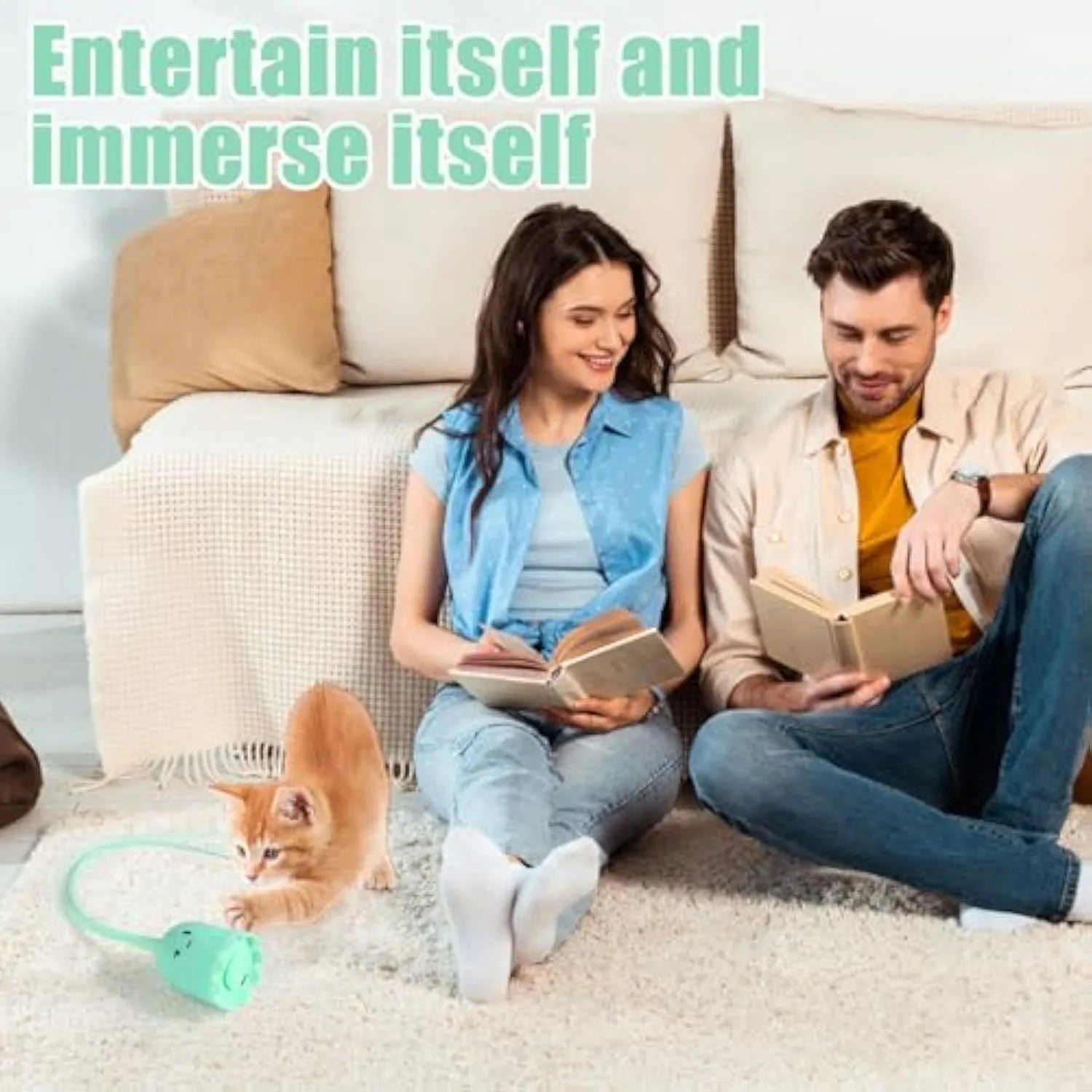 Automatic electronic cat toy wand with green silicone tails swinging in motion