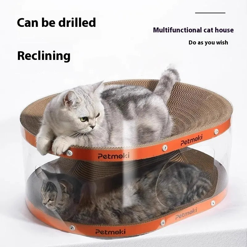 White transparent diamond pattern cat scratch board and nest tunnel measuring 58x45x23cm
