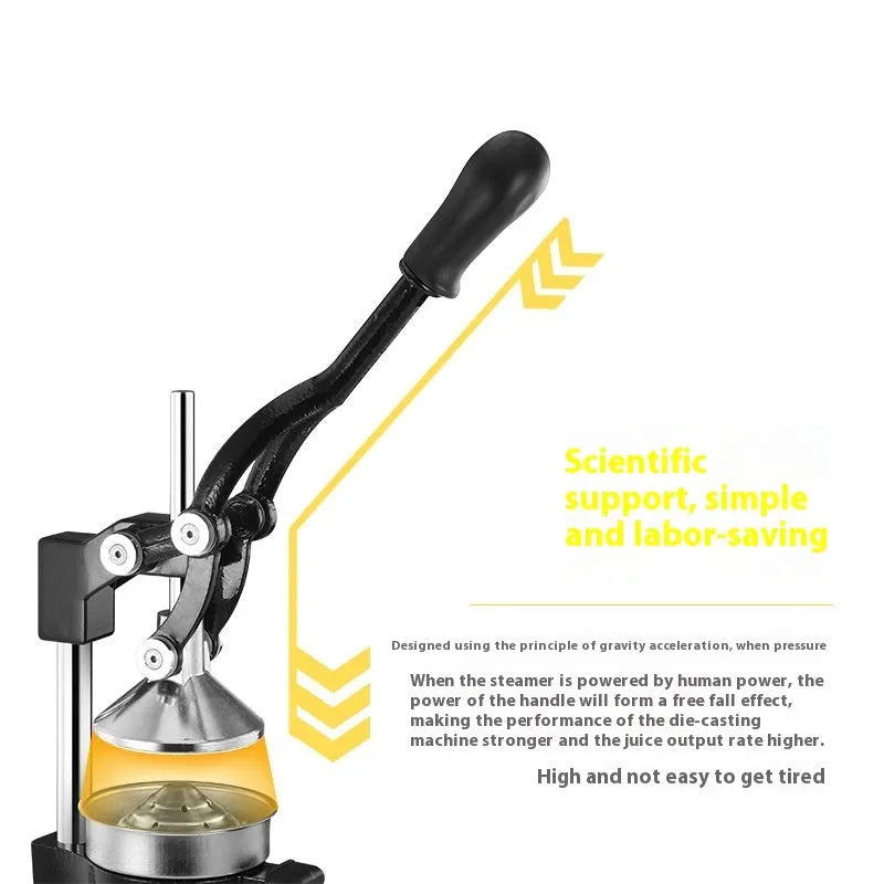 Tall black manual citrus juicer with cast iron base and stainless steel press cone on a kitchen counter