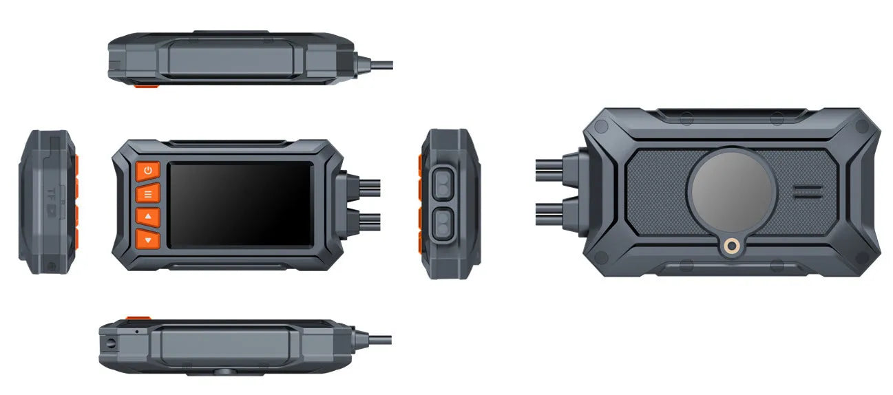 Motorcycle dual lens dashcam recorder with GPS module and mounting accessories on a black background.
