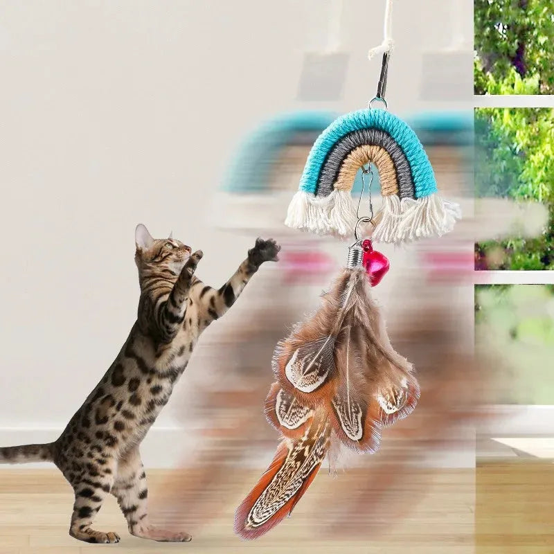 Feather cat rope door hanging toy with elastic swing and sticky buckle clamp in blue, green, or pink