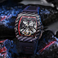 Men's mechanical watch with black dial, luminous hands, rubber strap, and stainless steel buckle showing 30m water resistance