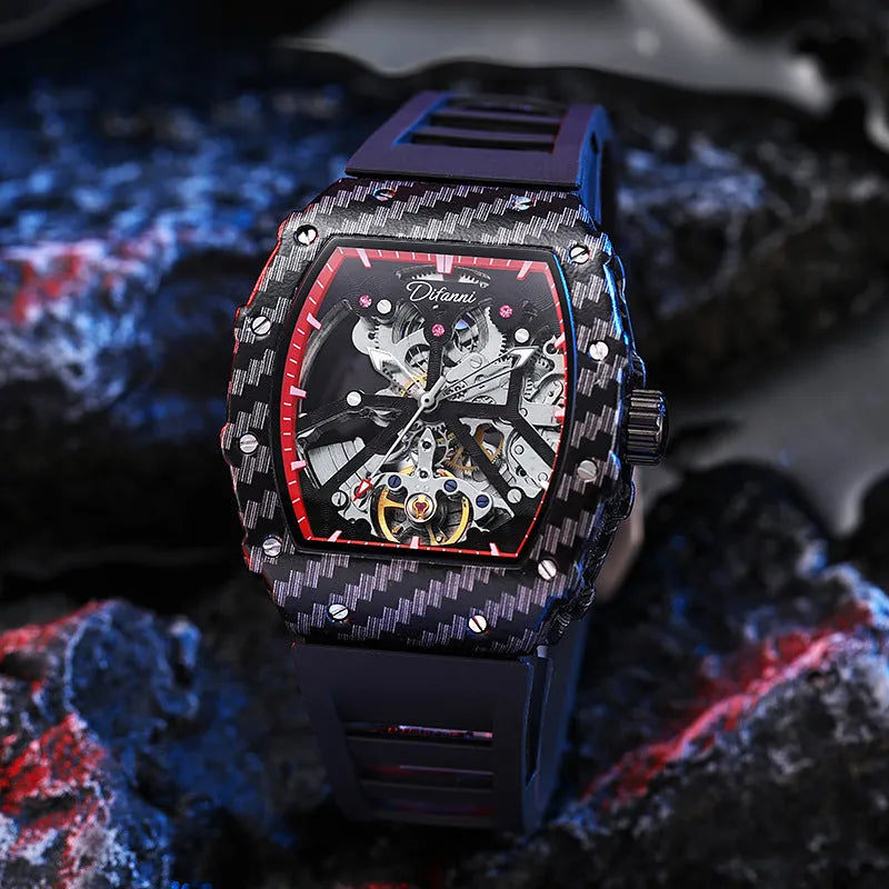 Men's mechanical watch with black dial, luminous hands, rubber strap, and stainless steel buckle showing 30m water resistance