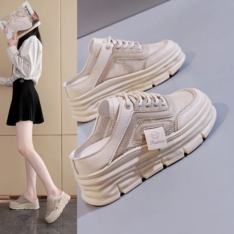 Women's mesh half slippers with height-increasing insole in black, khaki and white colours