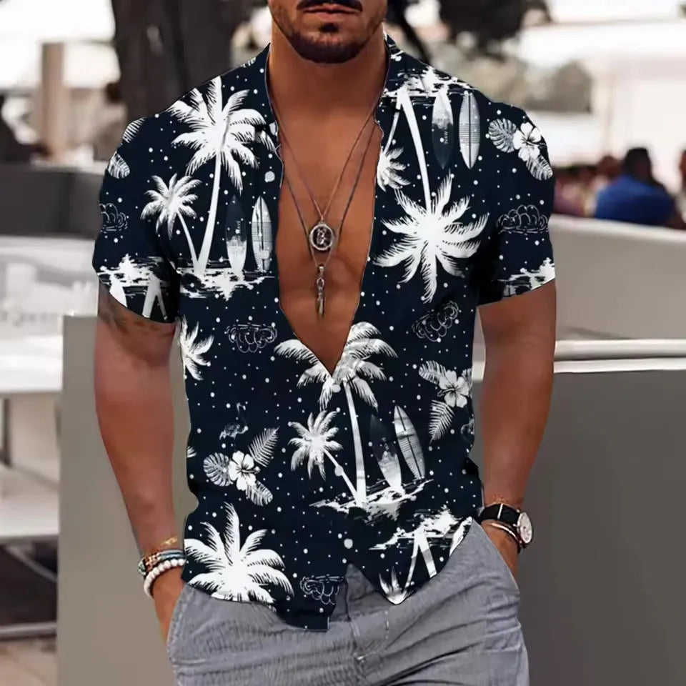 Man wearing a loose fit short sleeve floral print shirt in a cardigan style for summer.