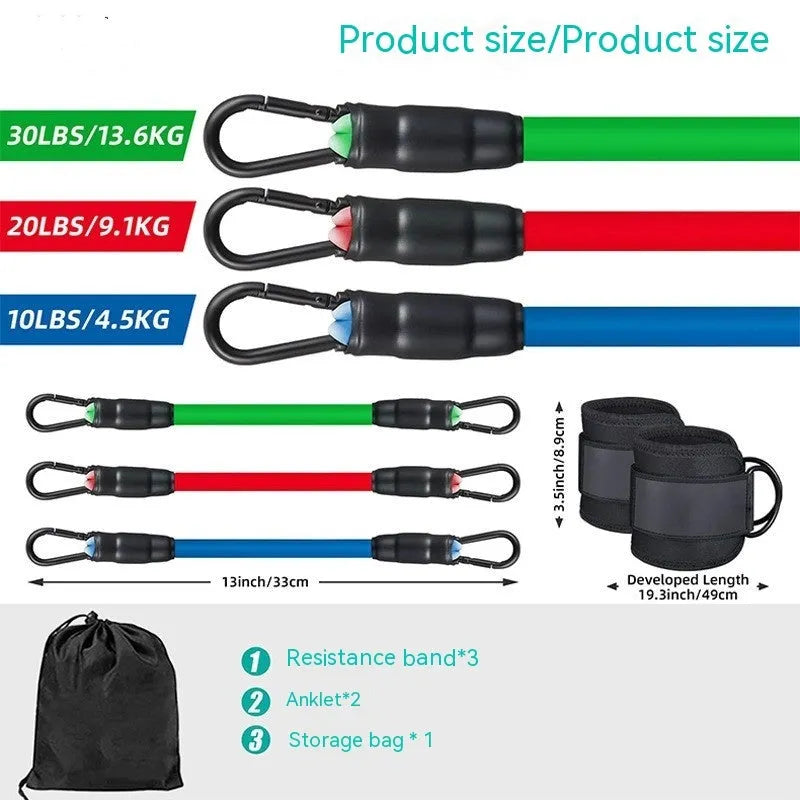 TPE yoga resistance band set with three tension levels, ankle buckle, and foot loops for fitness training