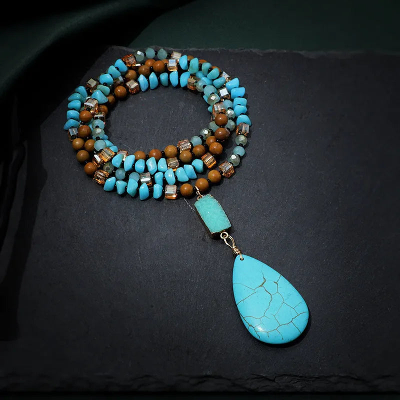 Turquoise blue water drop imitation mineral pendant necklace with ball bead chain, heart and geometric shapes.