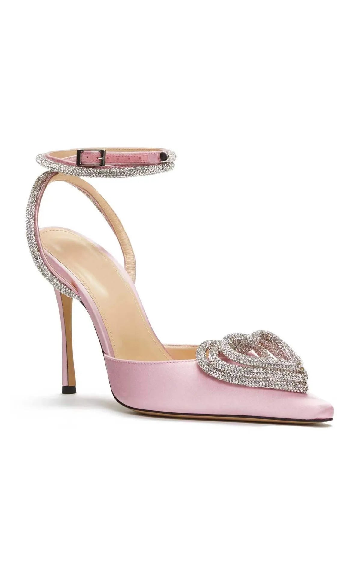 Women's pink satin sandal with heart-shaped rhinestone detail on strap and pointed toe.