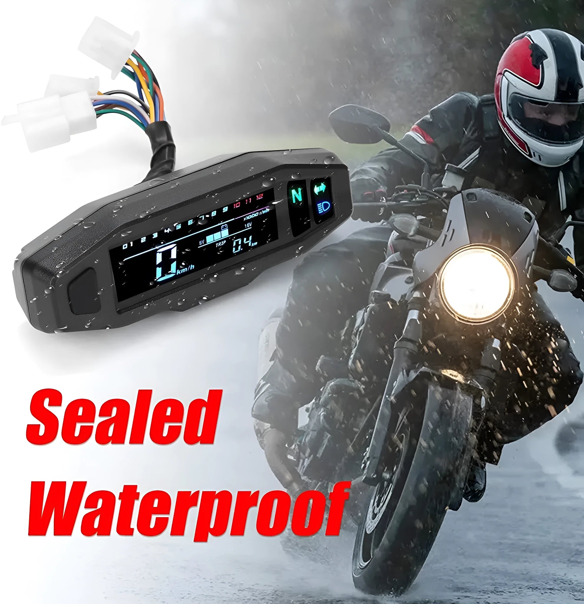 Black motorcycle mini speedometer with LCD display showing speed and oil levels