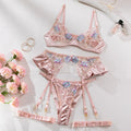Light purple four-piece satin lingerie set with decorative embroidery