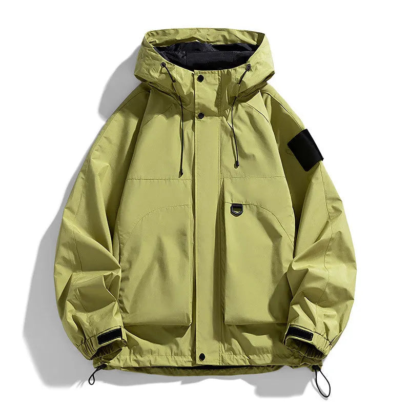 Men's black waterproof hooded jacket with long sleeves, shown in regular length fit.