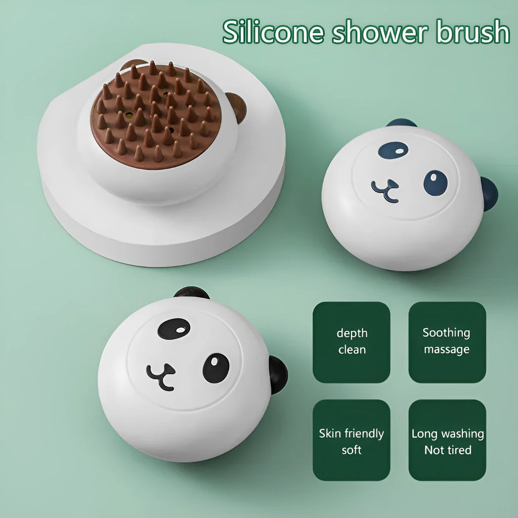 Panda-shaped silicone pet shower brush with soft bristles for bathing cats and dogs.