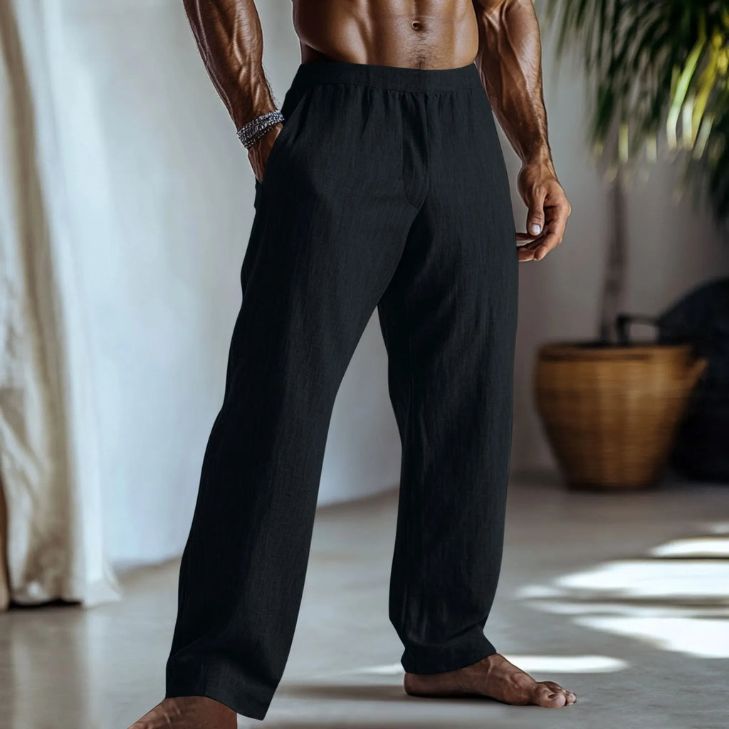 Cotton and linen straight-leg casual trousers in British style with pockets, shown in available colours