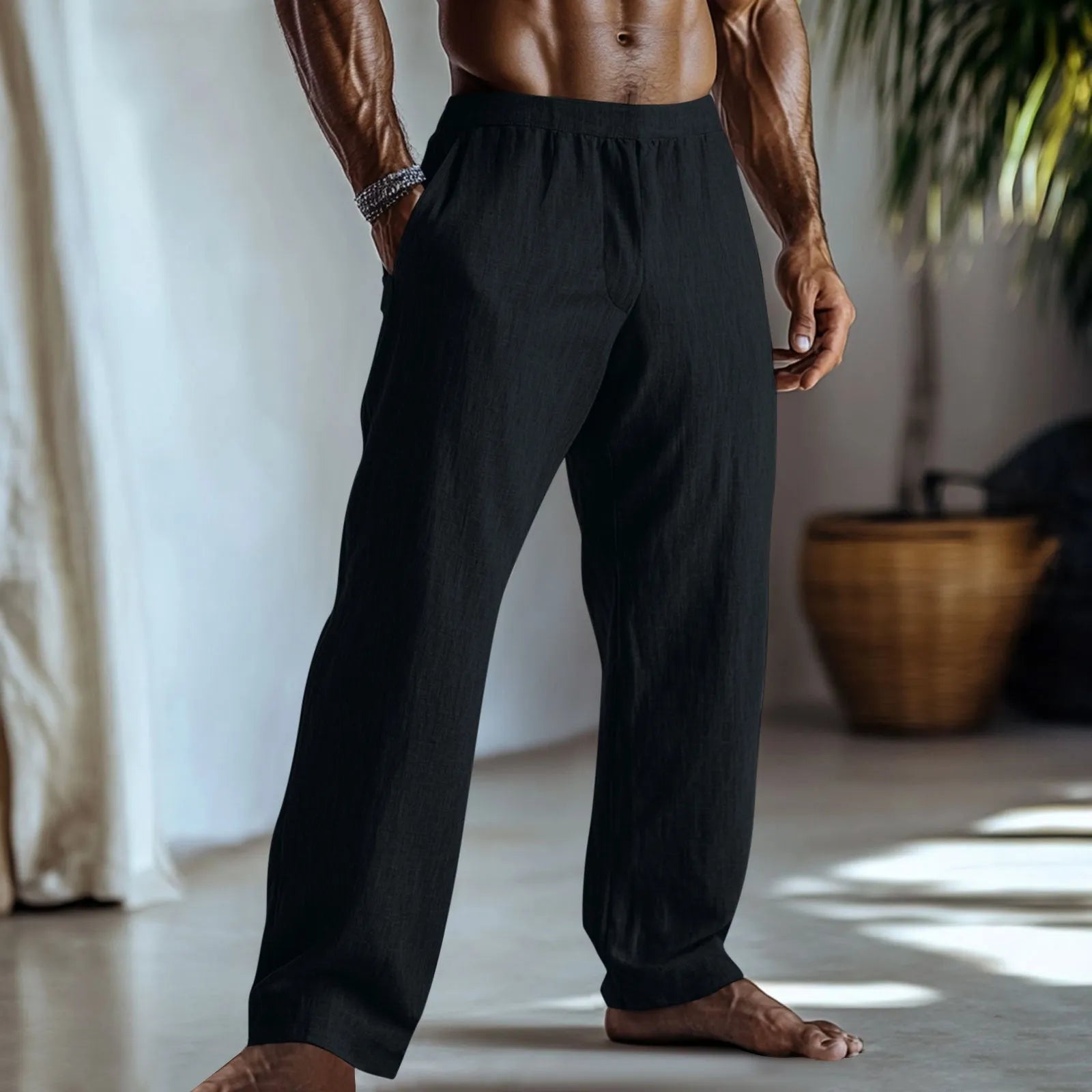 Cotton and linen straight-leg casual trousers in British style with pockets, shown in available colours