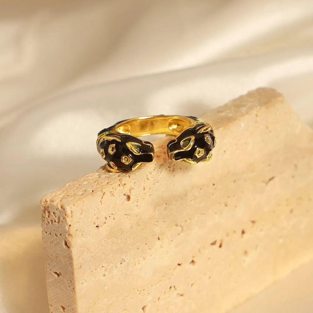 Women's black cheetah pattern open ring with oil drip effect on copper geometric design