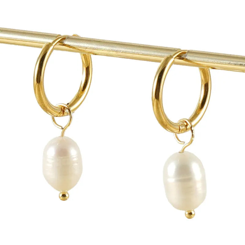 Geometric gold pearl earrings with stainless steel and titanium steel construction for women
