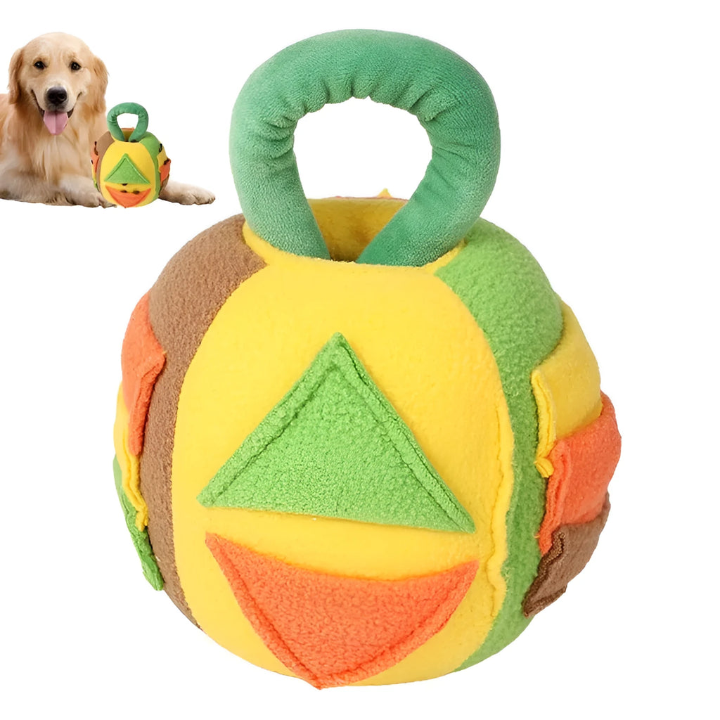 Green and pink polyester squeaky plush ball dog toy with treat pockets for small to medium dogs