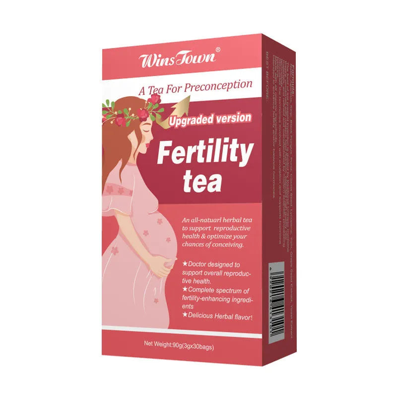 Box of fertility herbal tea containing 90 tea bags for reproductive wellness support
