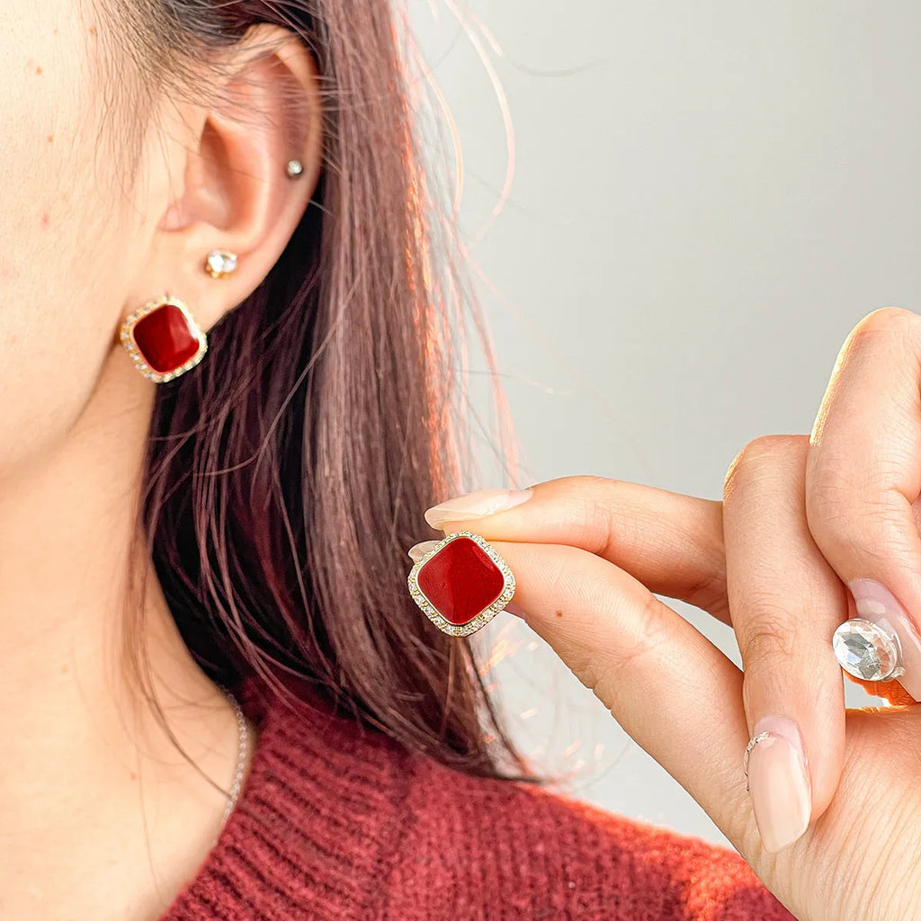 Red square geometric alloy earrings for women with retro plate finish