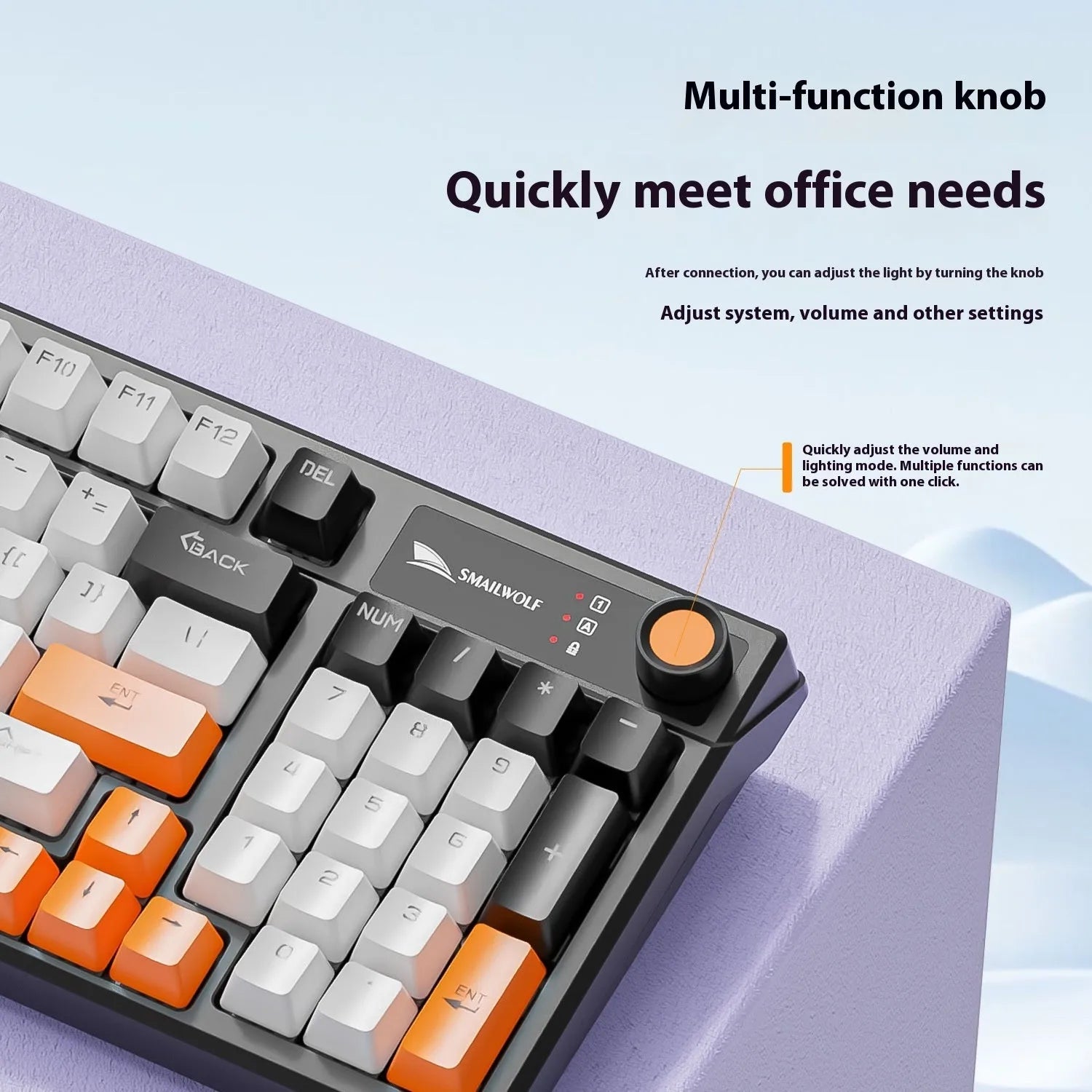 SK15 wired mechanical keyboard with control knob in sunset orange colour beside laptop