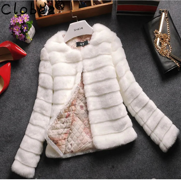 Women's short faux fur top in beige, shown with regular sleeves and a cropped hem.