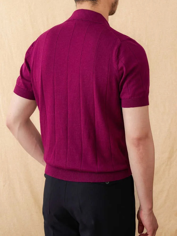 Men's purple short sleeve polo shirt with seagull collar and sunken stripe knit texture.