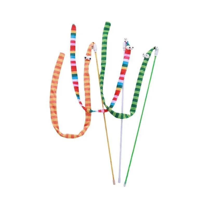 Cat wand toy with polycarbonate pole and colourful plush strip for interactive play