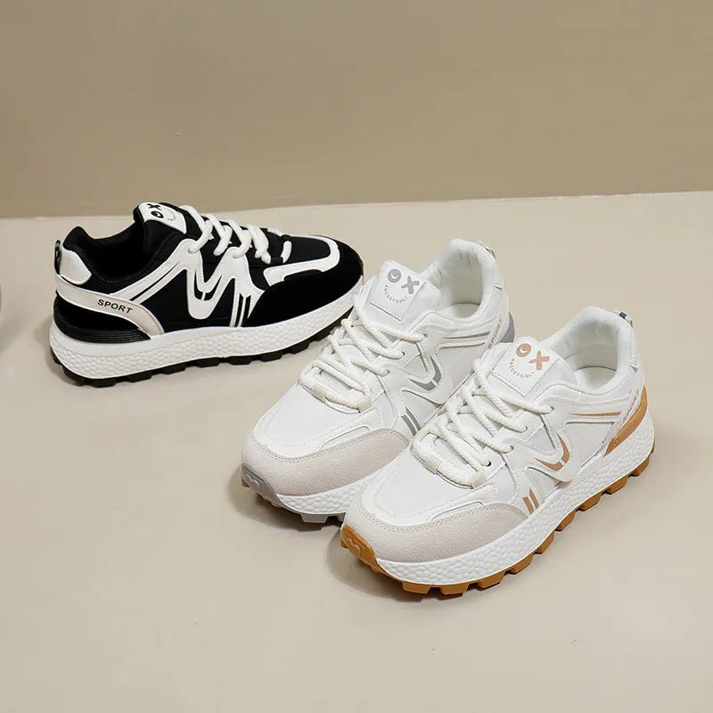 Women's flat heel platform casual shoes in black with lace-up design and round toe