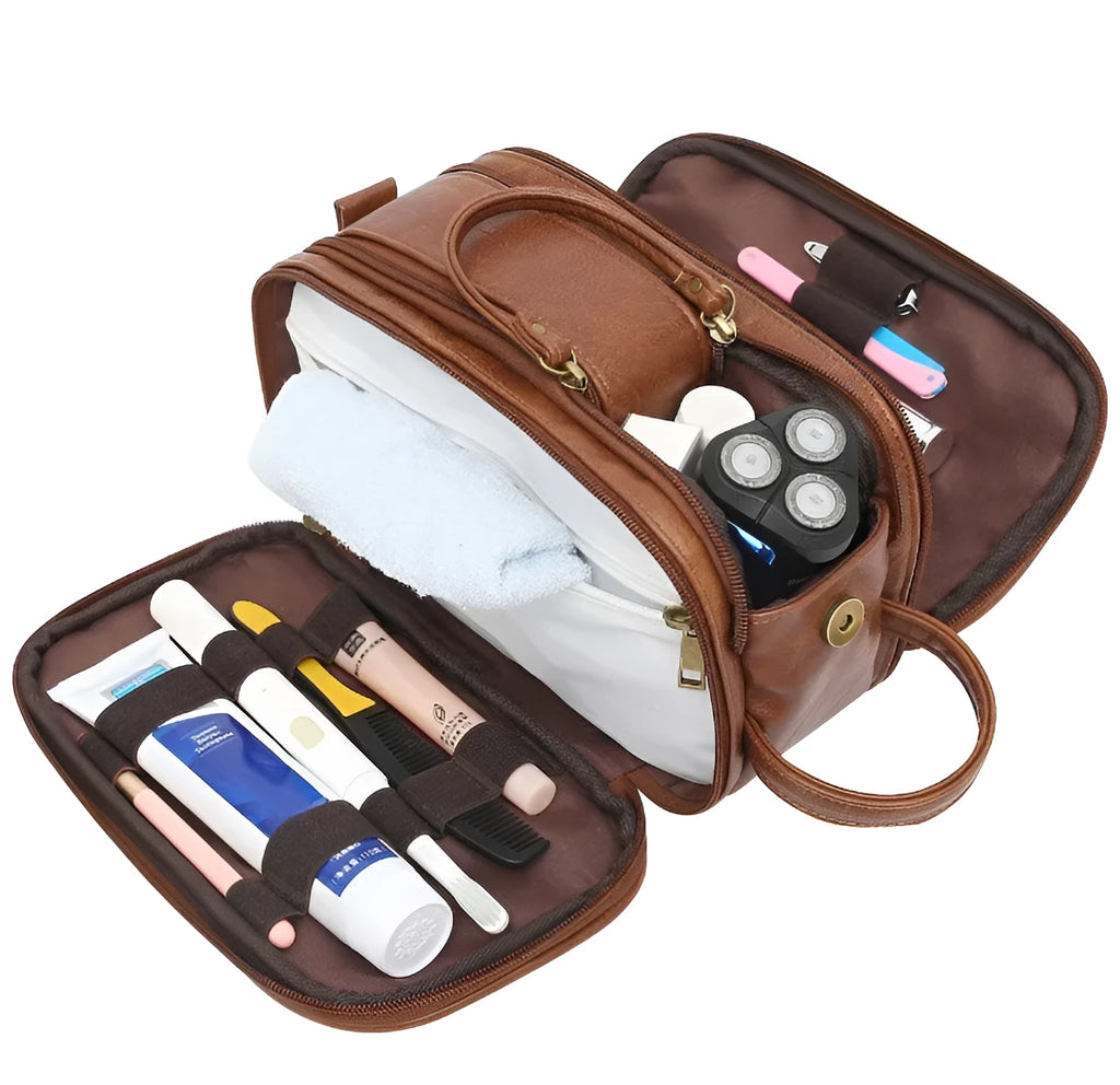 Men's black or brown PU toiletry bag for travel storage with solid colour design