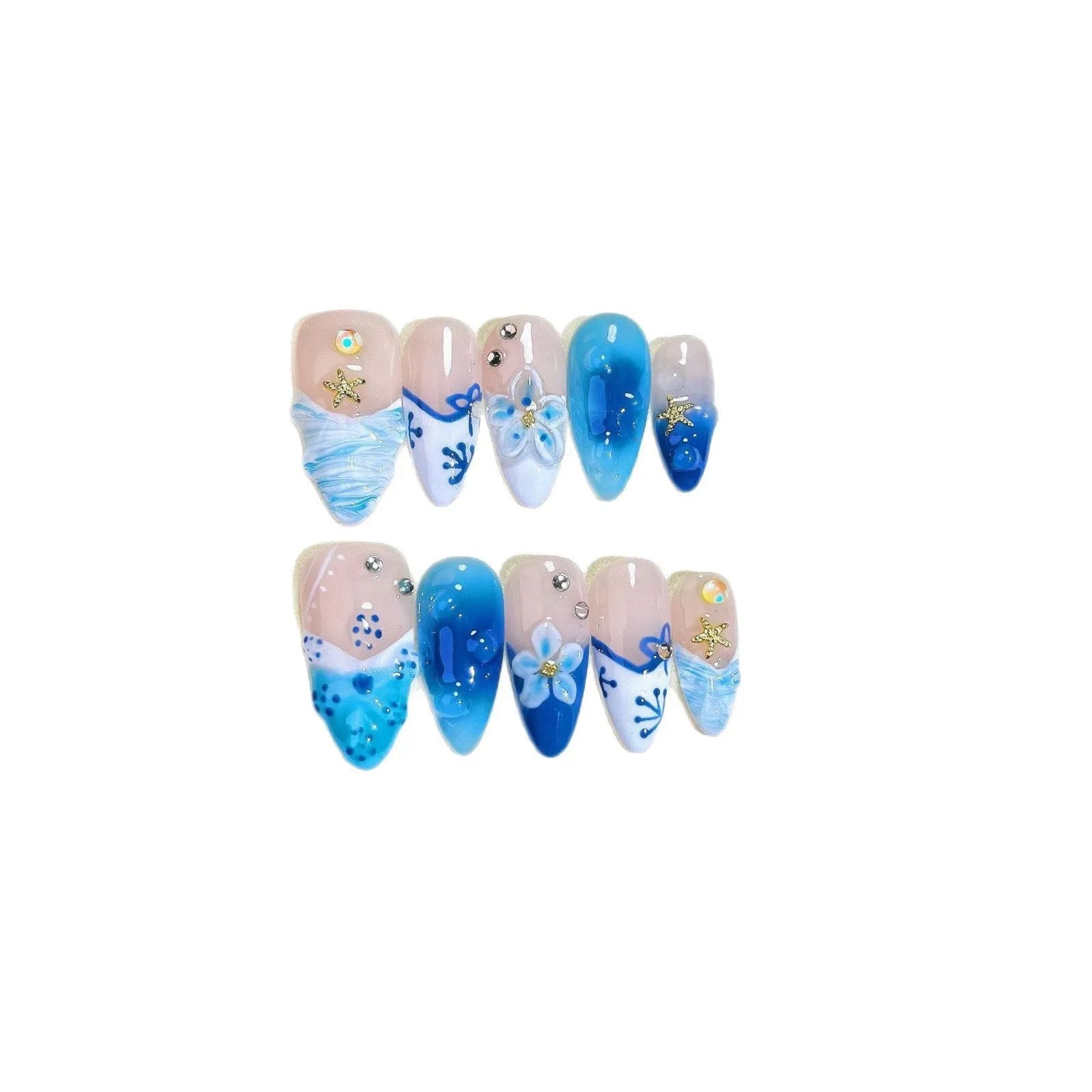 Blue carved transparent fake nails with hand-painted patterns in four sizes
