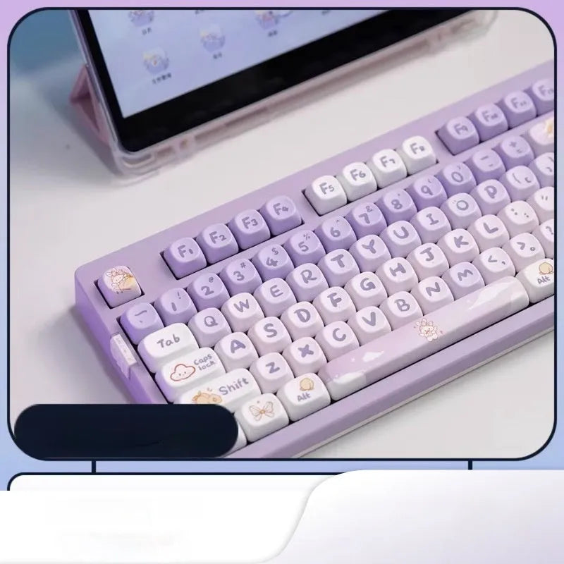 Gradient purple rabbit design PBT keycap set for mechanical keyboards on a white background.