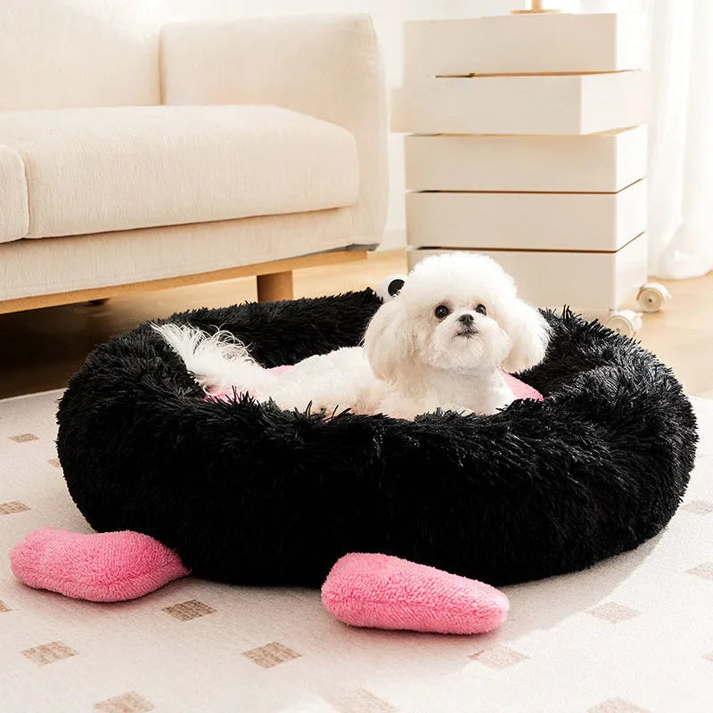Elf Briquettes blue plush kennel-style dog bed or cat bed with raised bolster edges.