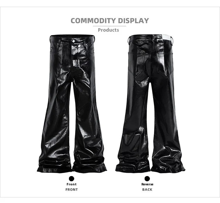 Black patent leather coated skinny jeans with straight leg silhouette and mid waist design