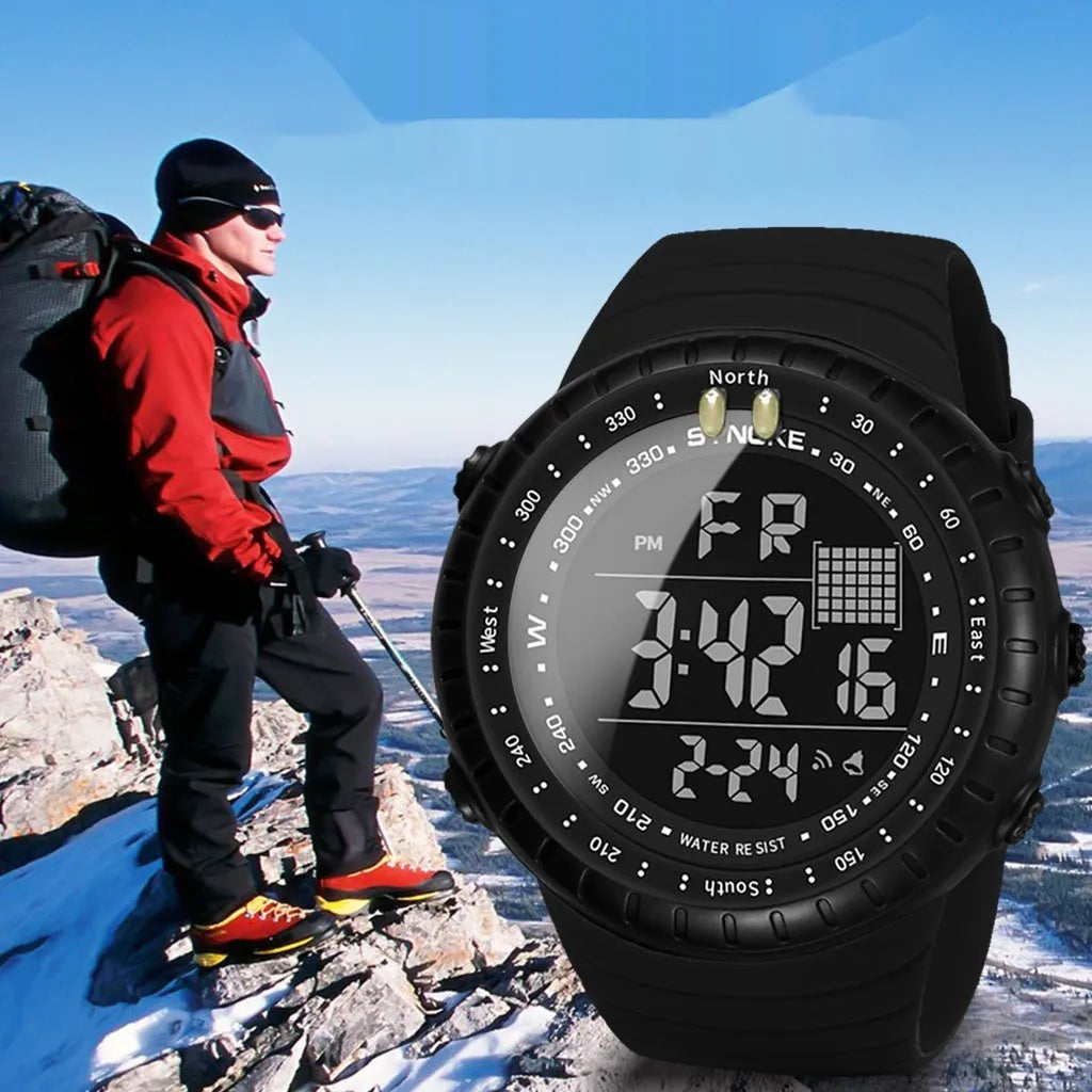 Black waterproof outdoor electronic watch with digital display and adjustable PU strap