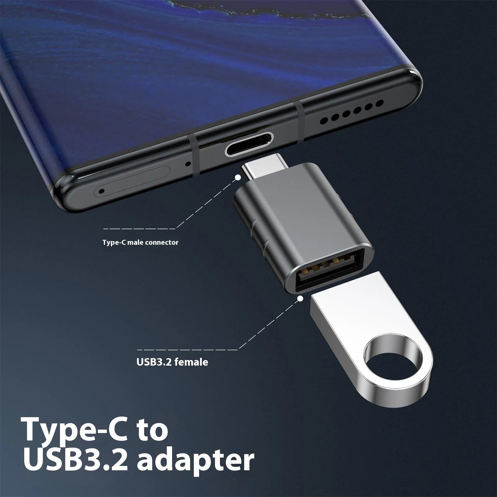 USB C male to USB A female adapter converter with metallic zinc alloy shell.