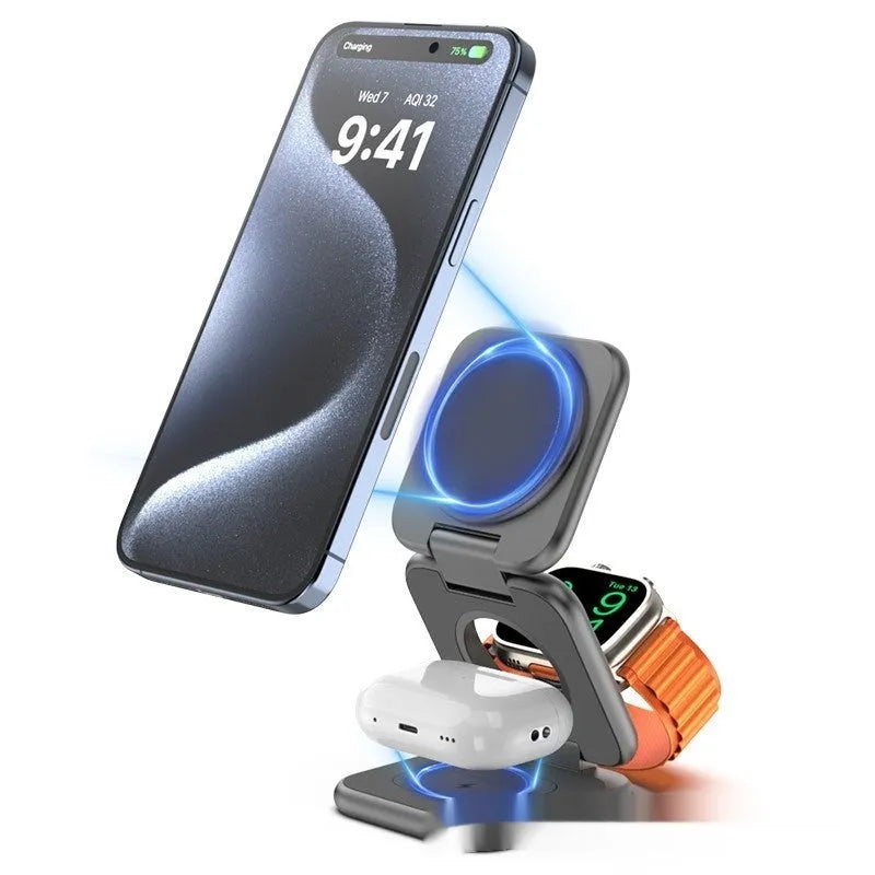 Foldable magnetic wireless charging phone holder in black on a desk