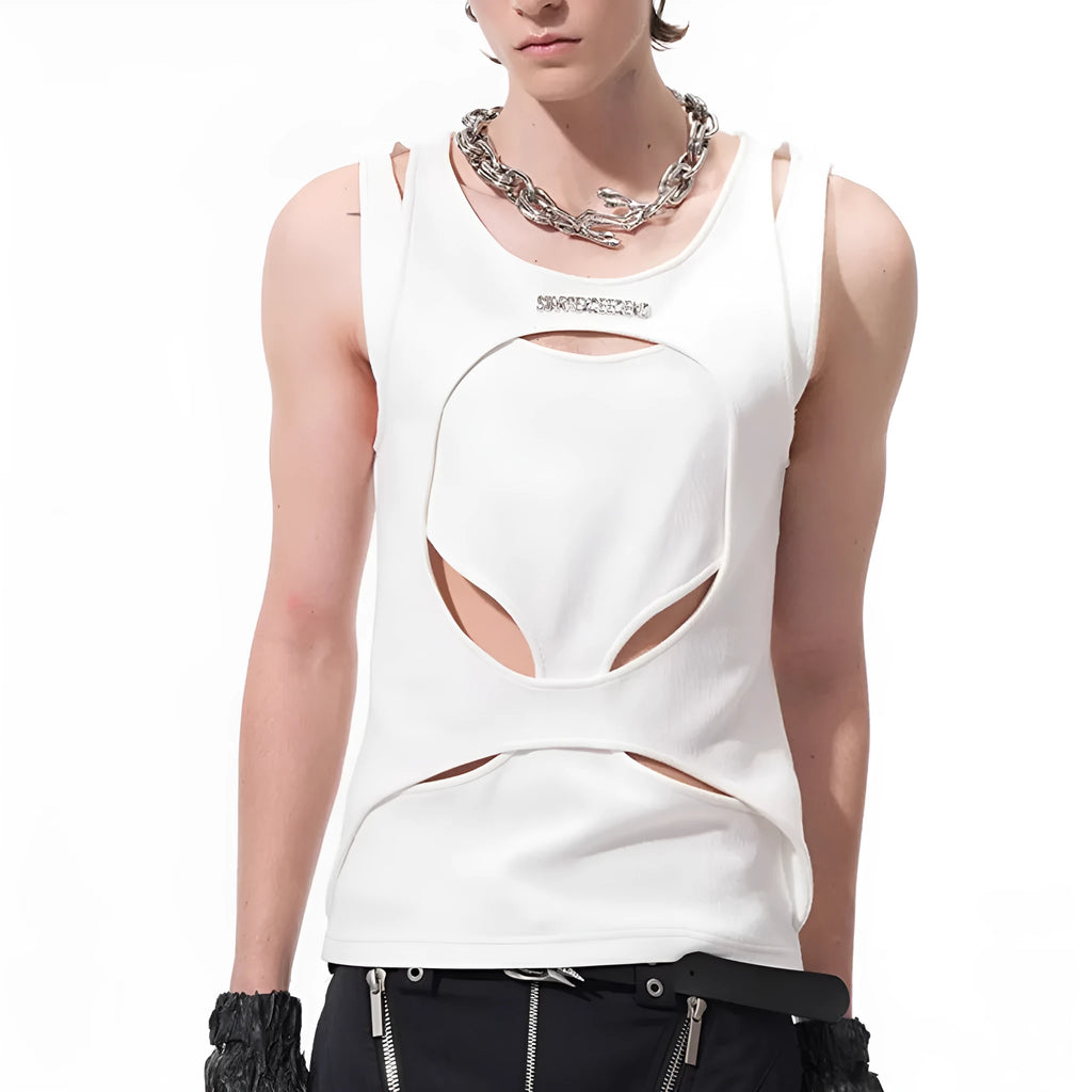 Men's black sleeveless waistcoat with hollow knit construction and round neckline